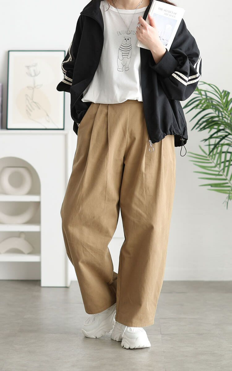 大きいサイズ レディース コットンチノタック入りバレルパンツ ベージュ