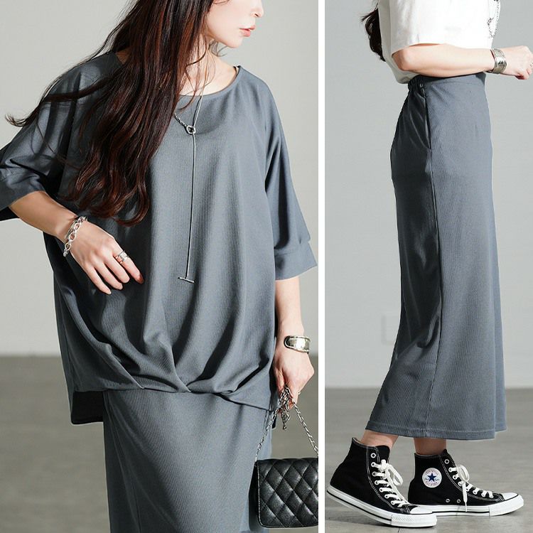 大きいサイズ レディース タケノコタックドルマン＆ナロースカート2点セット