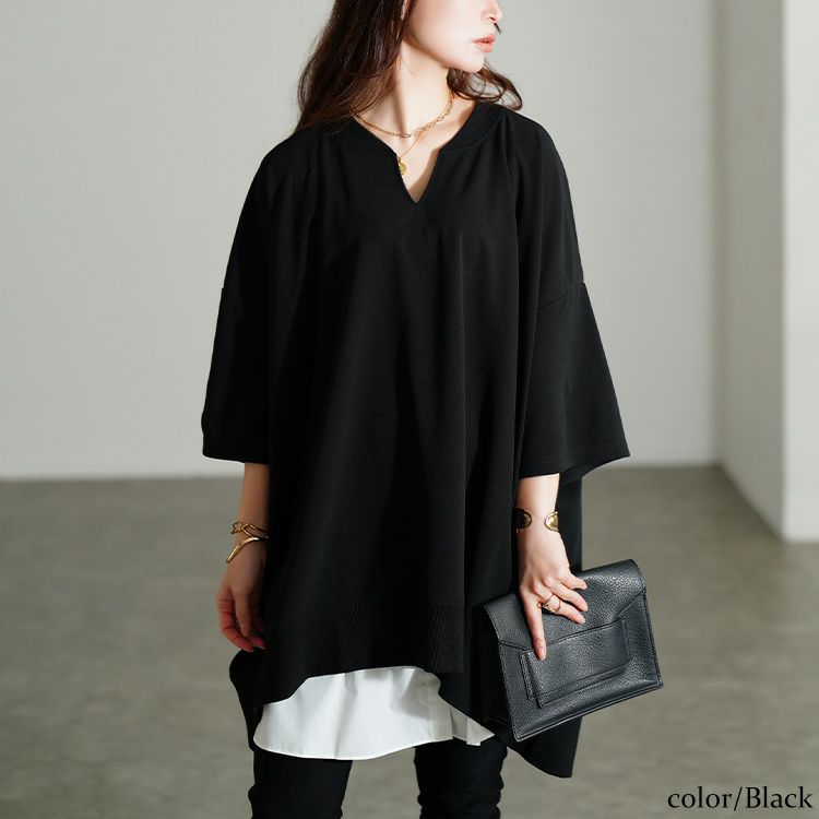 大きいサイズ レディース キーネックオーバーサイズチュニックTシャツ ブラック