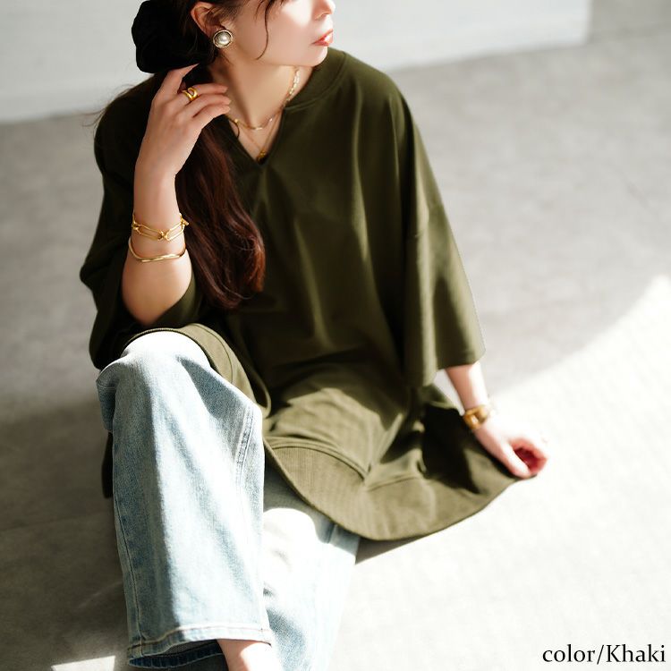 大きいサイズ レディース キーネックオーバーサイズチュニックTシャツ