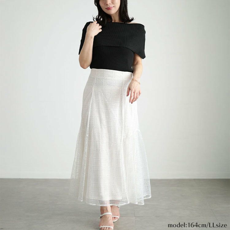 大きいサイズ レディース スパンコールチュールチェックフレアスカート