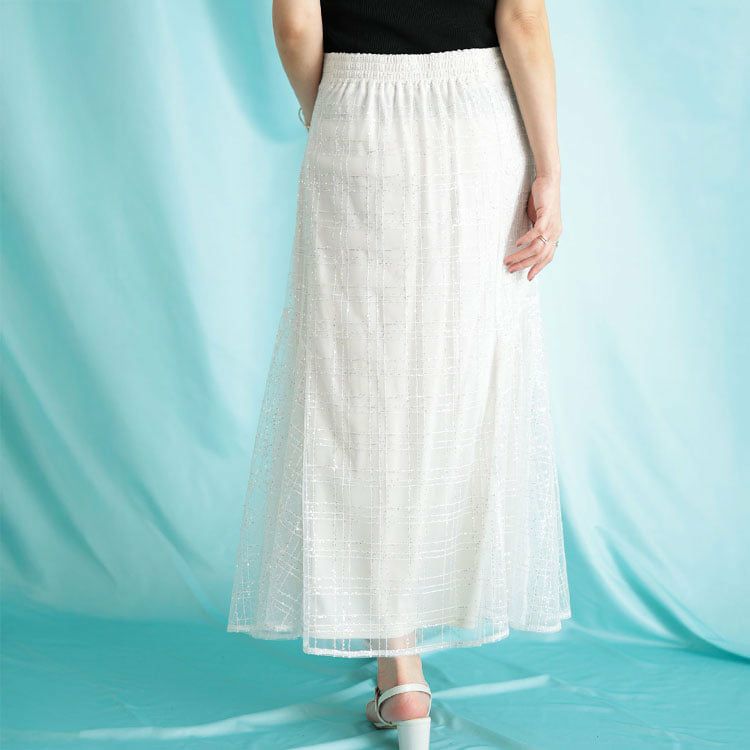 大きいサイズ レディース スパンコールチュールチェックフレアスカート