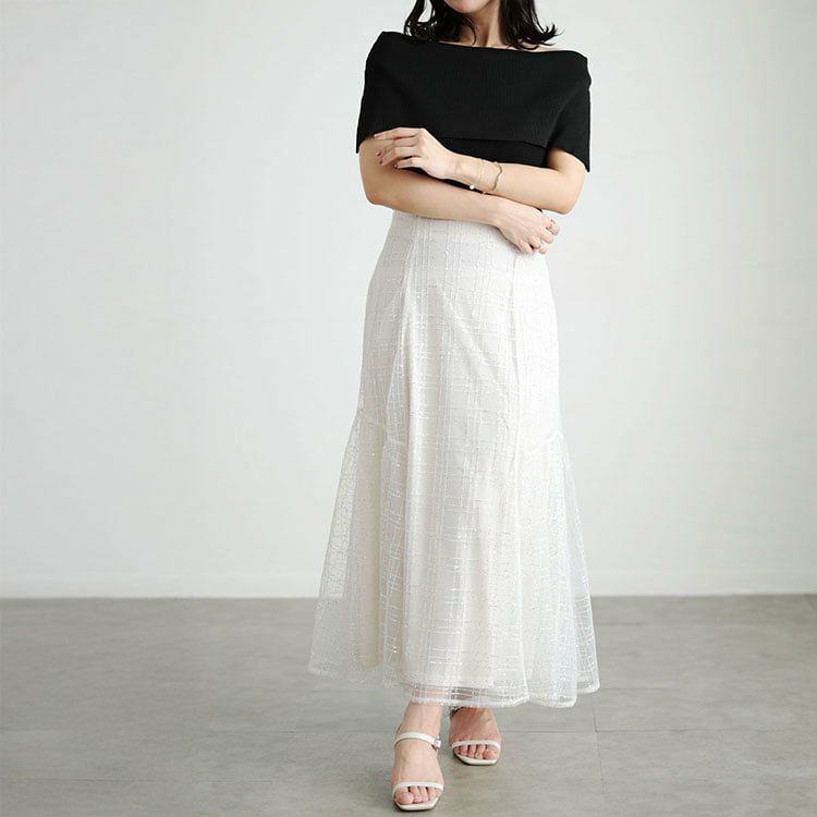 大きいサイズ レディース スパンコールチュールチェックフレアスカート