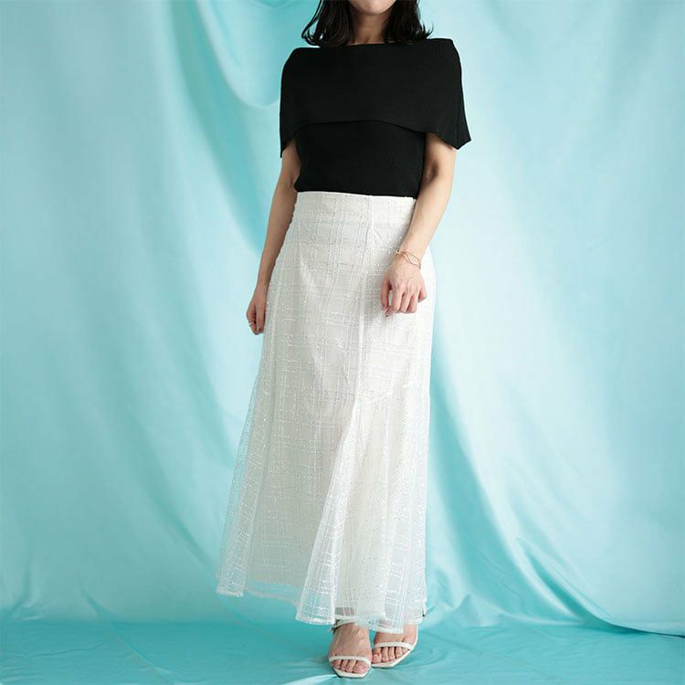 大きいサイズ レディース スパンコールチュールチェックフレアスカート