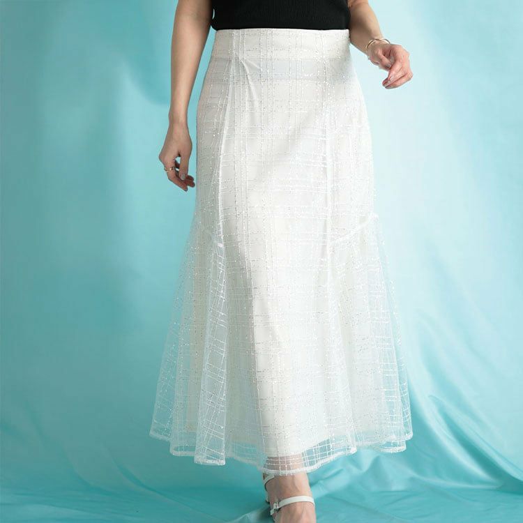 大きいサイズ レディース スパンコールチュールチェックフレアスカート アイボリー