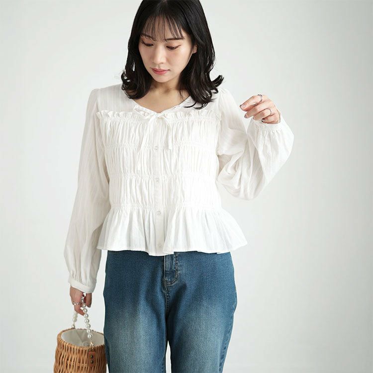 大きいサイズ レディース リボンネックシャーリングコットンブラウス