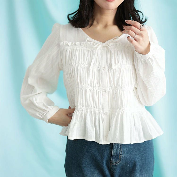 大きいサイズ レディース リボンネックシャーリングコットンブラウス