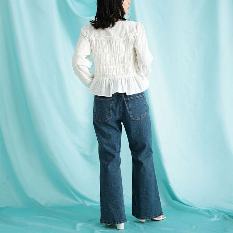 大きいサイズ レディース リボンネックシャーリングコットンブラウス