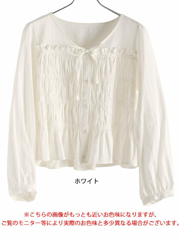 大きいサイズ レディース リボンネックシャーリングコットンブラウス