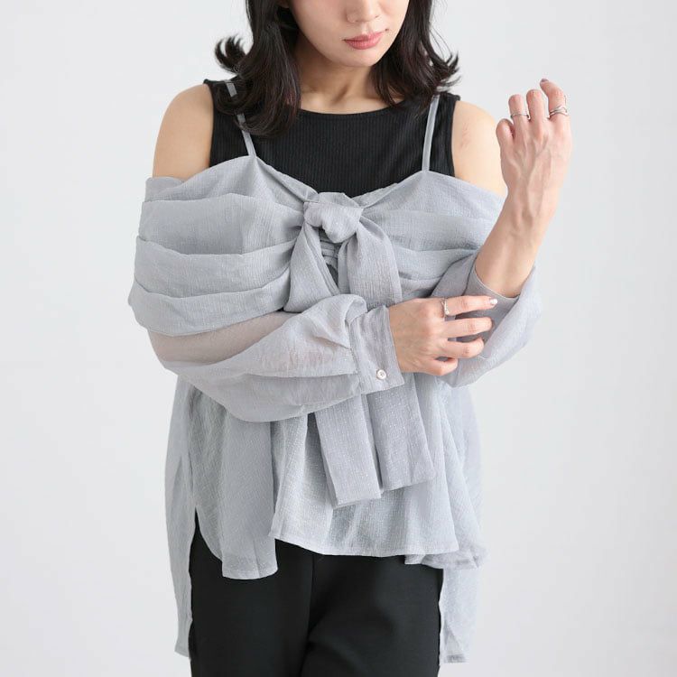 大きいサイズ レディース オフショルブラウス＆リブカットソーセット グレー