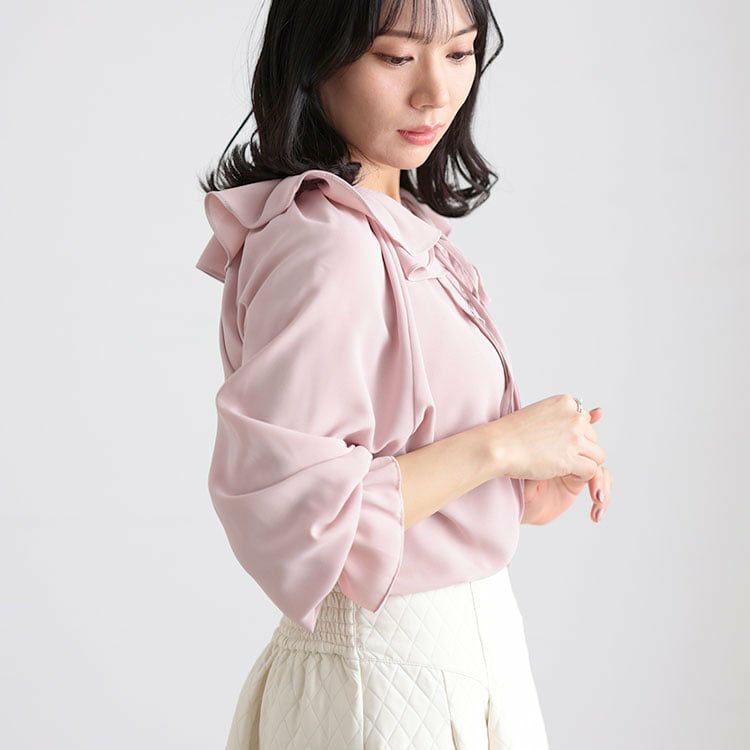 大きいサイズ レディース フリルネックリボンブラウス