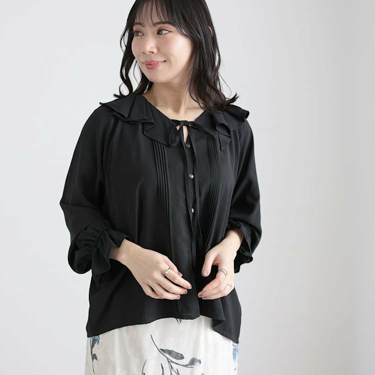 大きいサイズ レディース フリルネックリボンブラウス