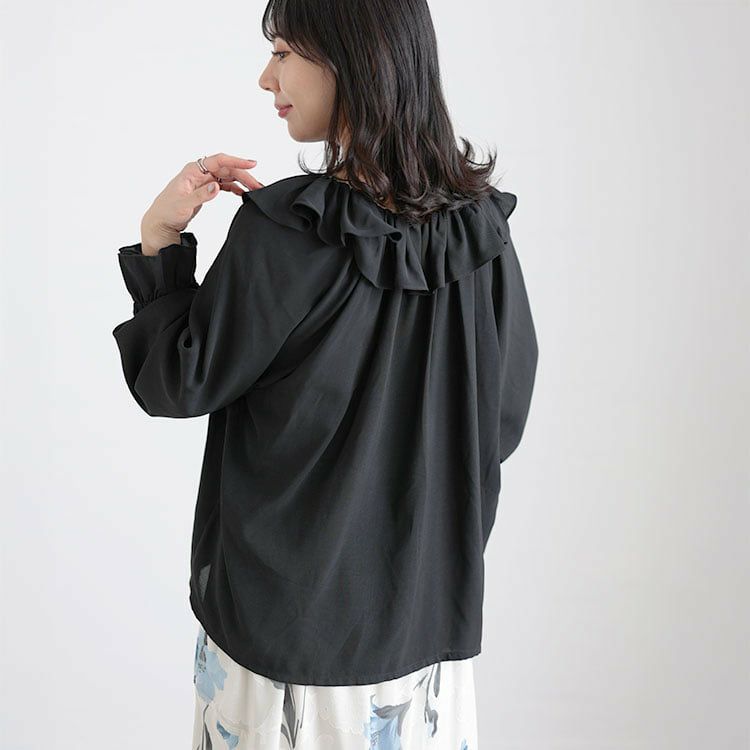 大きいサイズ レディース フリルネックリボンブラウス