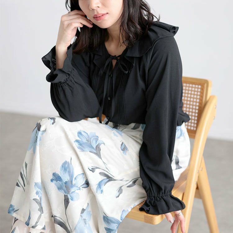 大きいサイズ レディース フリルネックリボンブラウス