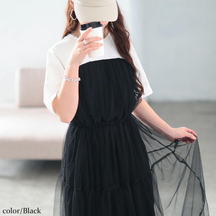 大きいサイズ レディース 接触冷感ドッキングチュールワンピース