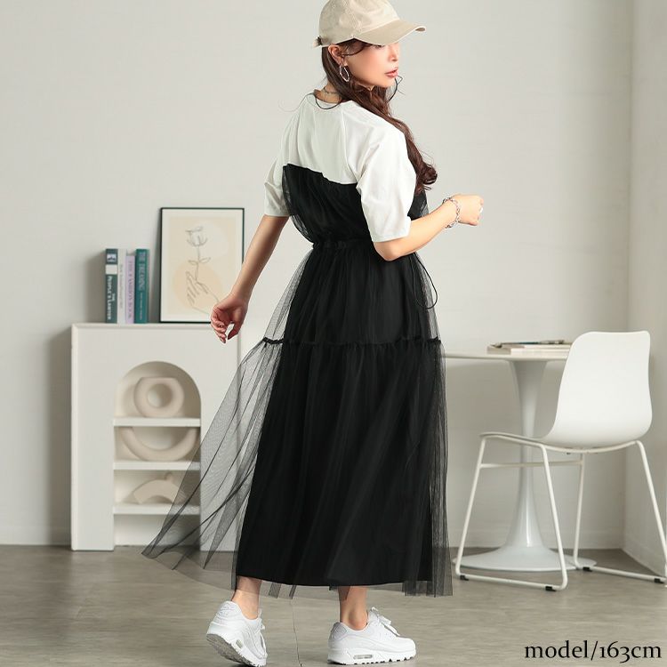 大きいサイズ レディース 接触冷感ドッキングチュールワンピース