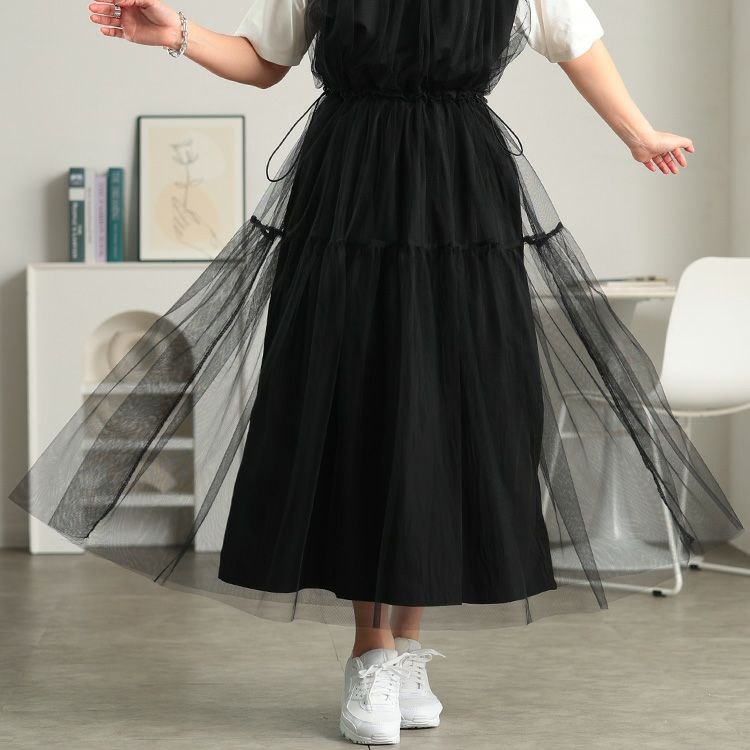 大きいサイズ レディース 接触冷感ドッキングチュールワンピース