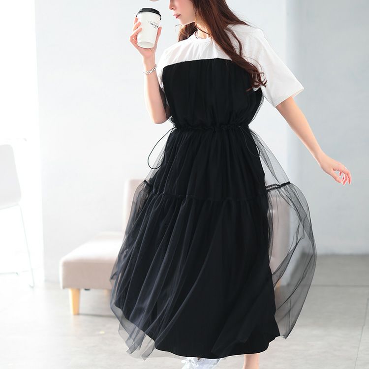 大きいサイズ レディース 接触冷感ドッキングチュールワンピース