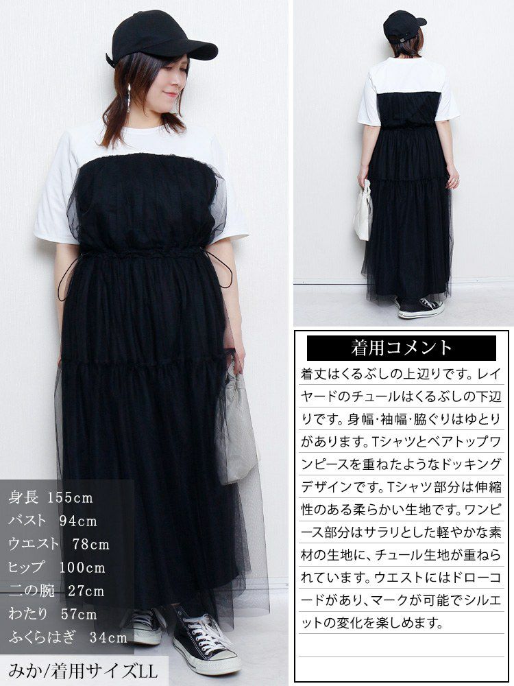 大きいサイズ レディース 接触冷感ドッキングチュールワンピース