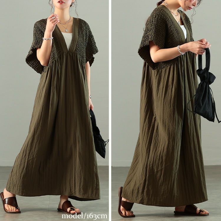 大きいサイズ レディース 接触冷感シャーリングバタフライ袖ワンピース