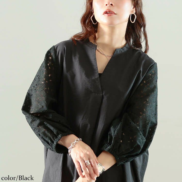 大きいサイズ レディース 接触冷感レース袖切り替えタックチュニック