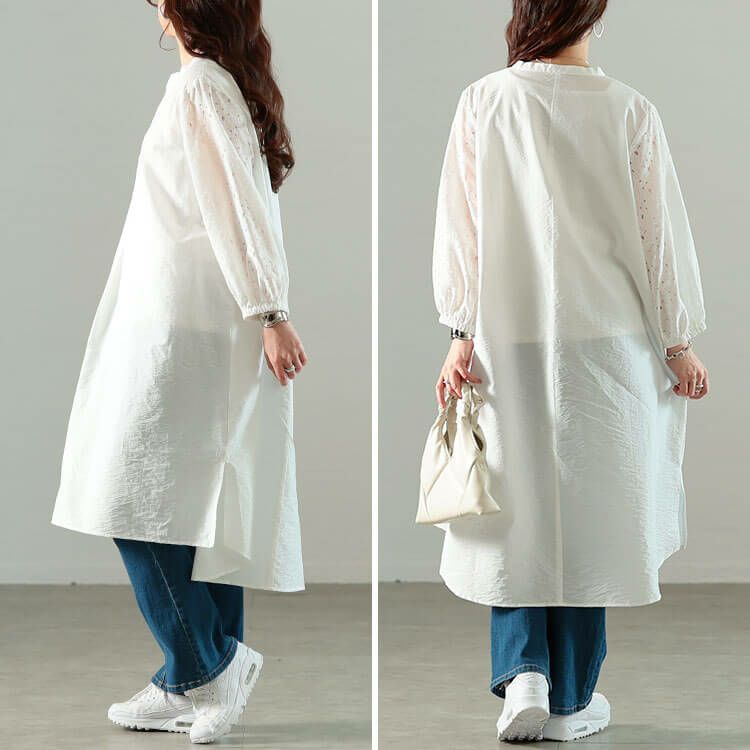 大きいサイズ レディース 接触冷感レース袖切り替えタックチュニック