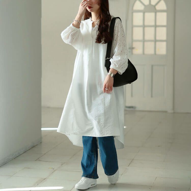 大きいサイズ レディース 接触冷感レース袖切り替えタックチュニック