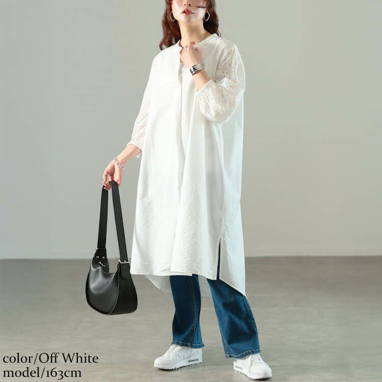 大きいサイズ レディース 接触冷感レース袖切り替えタックチュニック オフホワイト