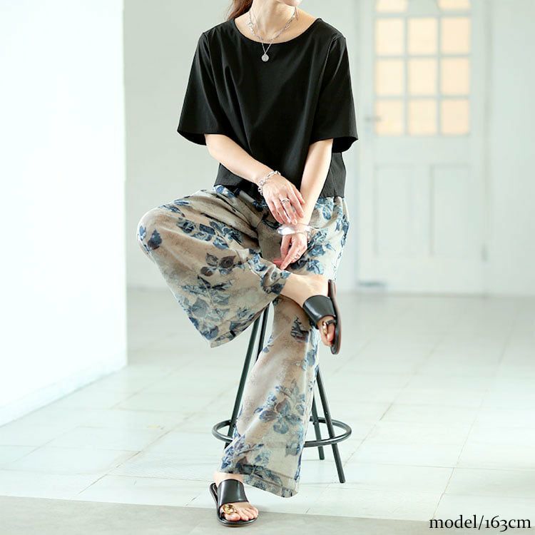 大きいサイズ レディース ぼかし花柄シフォンワイドパンツ