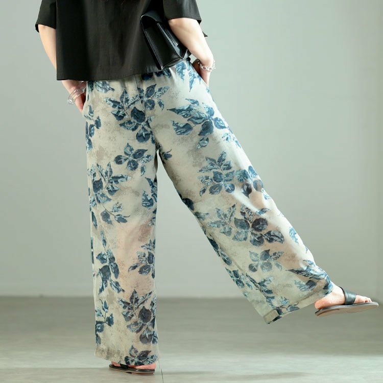 大きいサイズ レディース ぼかし花柄シフォンワイドパンツ