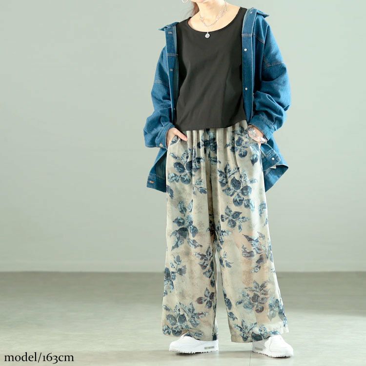 大きいサイズ レディース ぼかし花柄シフォンワイドパンツ