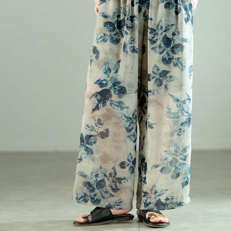 大きいサイズ レディース ぼかし花柄シフォンワイドパンツ