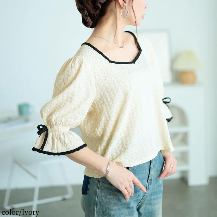 大きいサイズ レディース 配色パイピングクロップドプルオーバー アイボリー