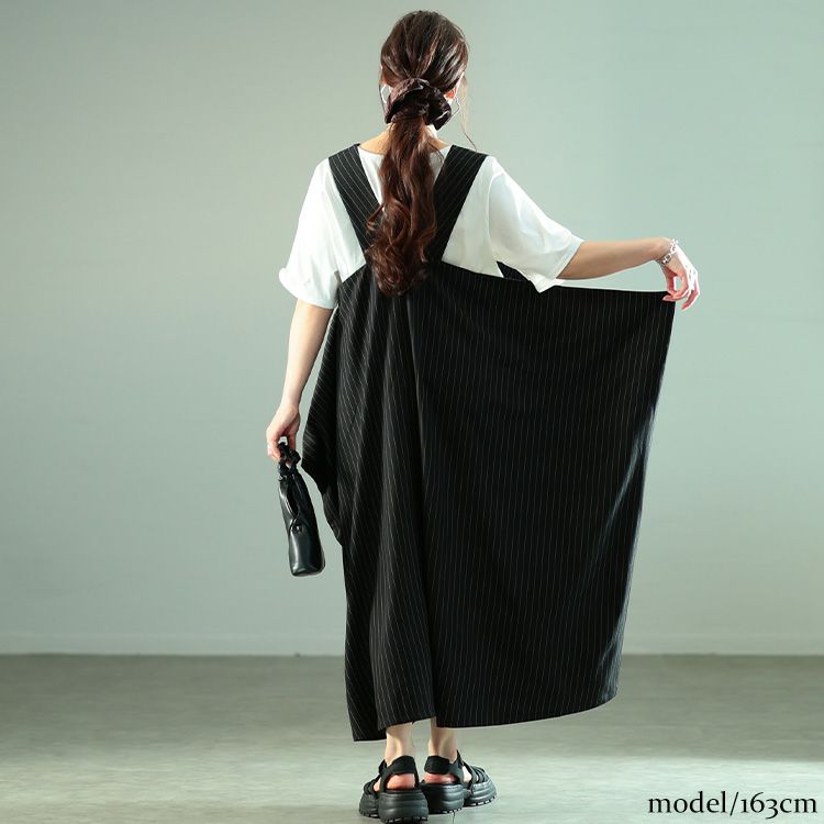 大きいサイズ レディース 2wayストライプ柄変形ジャンパースカート