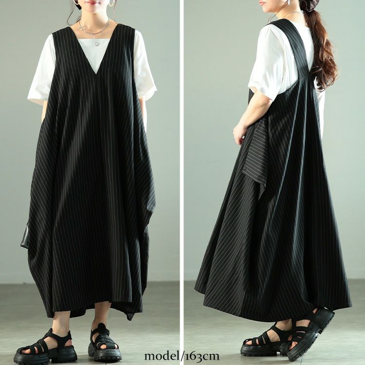 大きいサイズ レディース 2wayストライプ柄変形ジャンパースカート ブラック