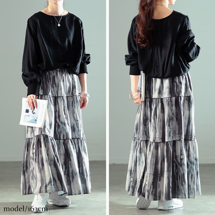 大きいサイズ レディース ニュアンス柄ティアードスカート