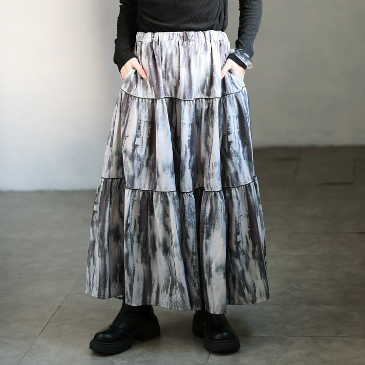 大きいサイズ レディース ニュアンス柄ティアードスカート グレー