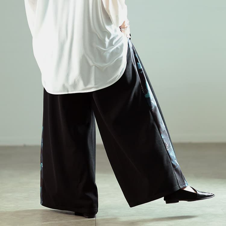 大きいサイズ レディース 花柄サイドラインワイドパンツ