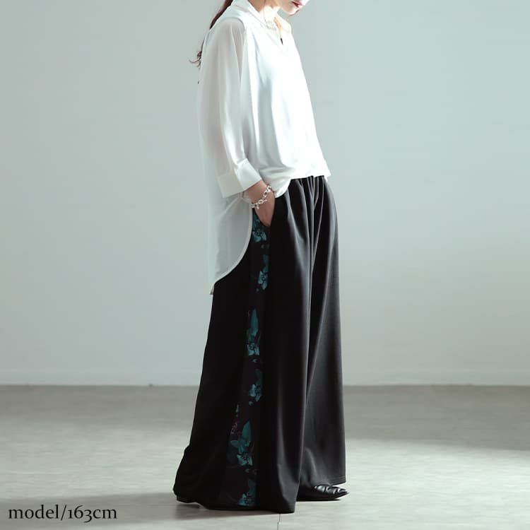 大きいサイズ レディース 花柄サイドラインワイドパンツ