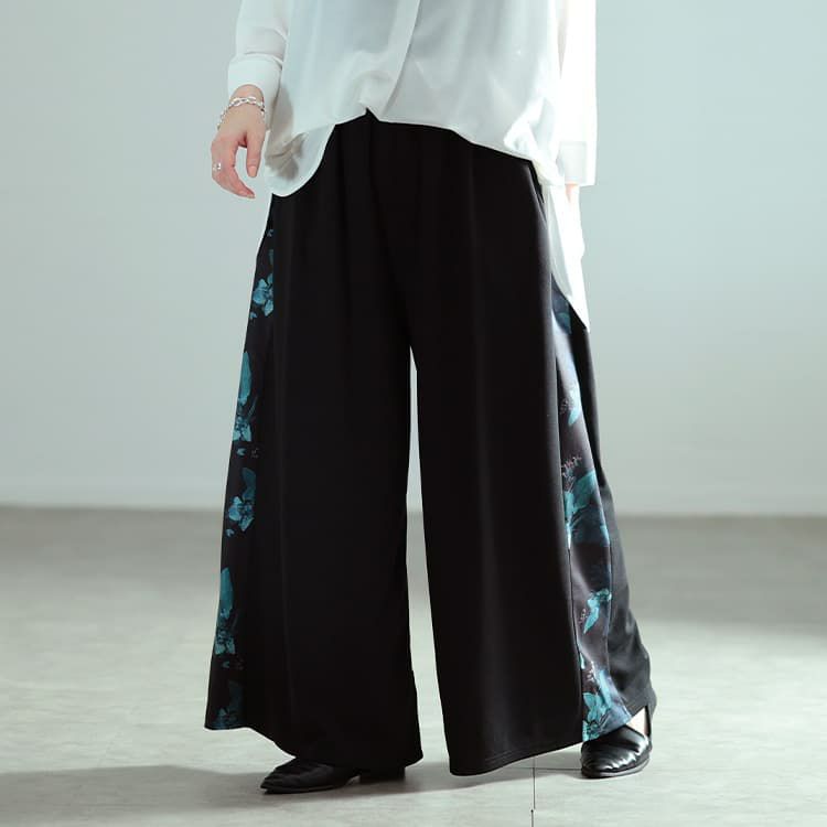 大きいサイズ レディース 花柄サイドラインワイドパンツ