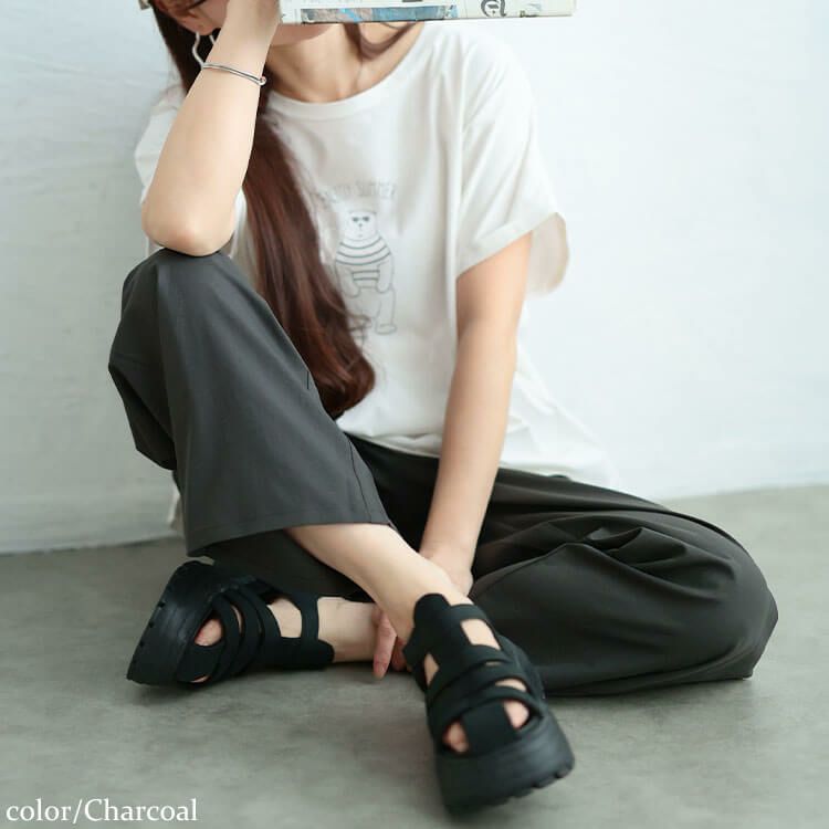 大きいサイズ レディース 接触冷感ストレッチワイドパンツ チャコール